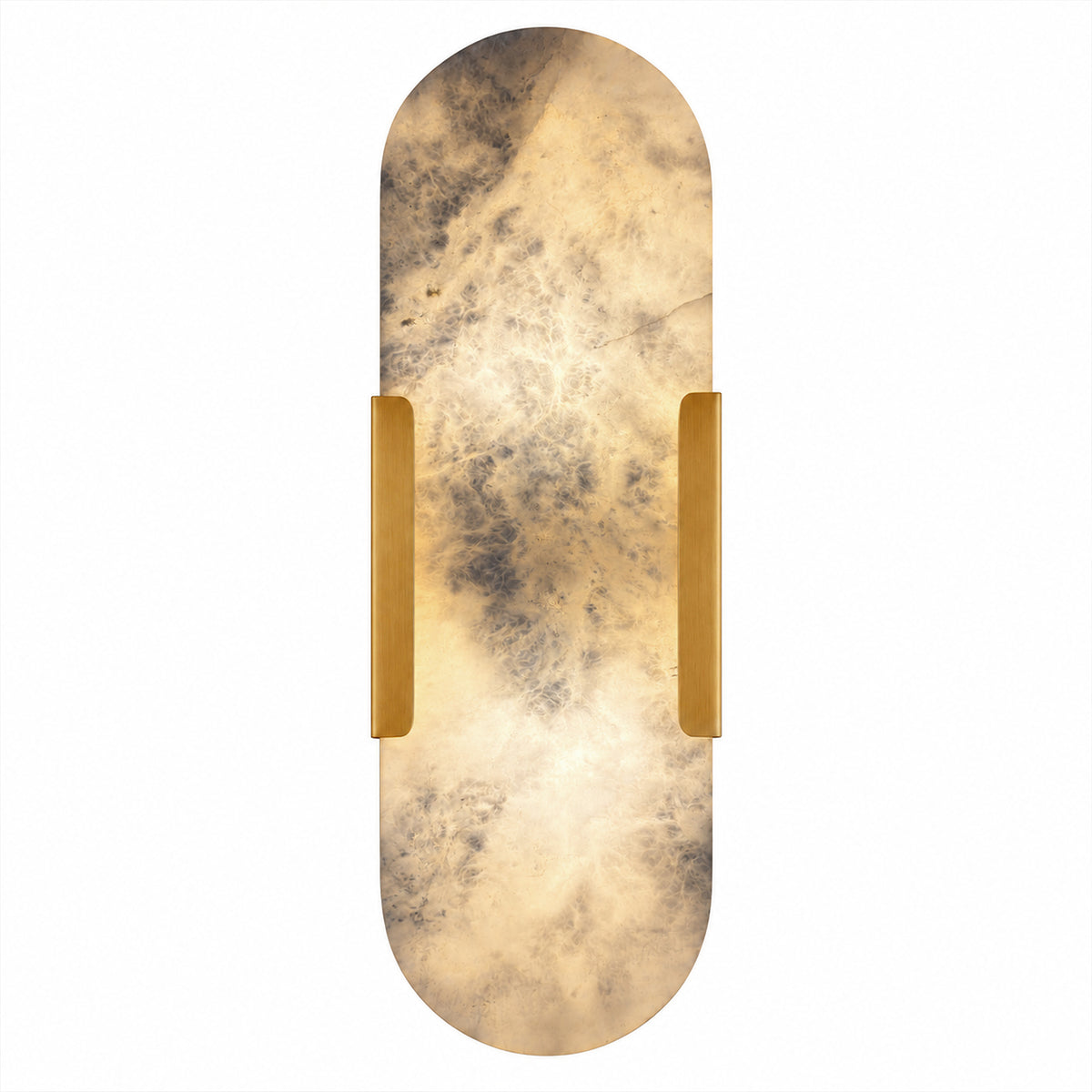 Oval capsule Spanish natural alabaster wall sconce with brushed solid brass side brackets on white studio background