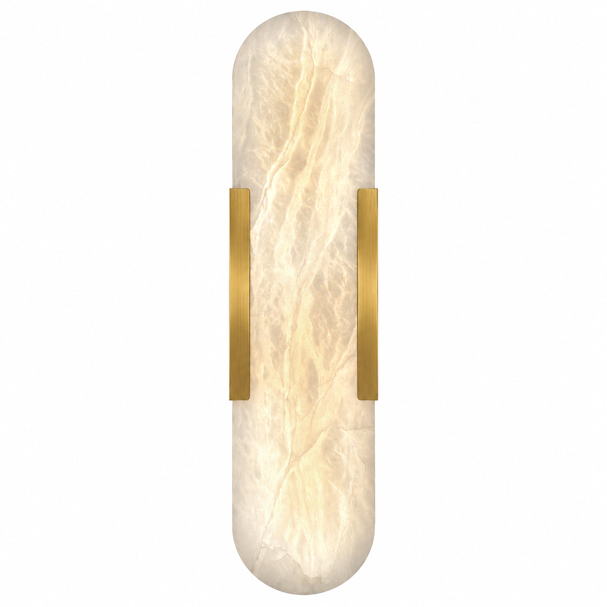 Illuminated long capsule Spanish natural alabaster wall sconce with brushed solid brass brackets on white background