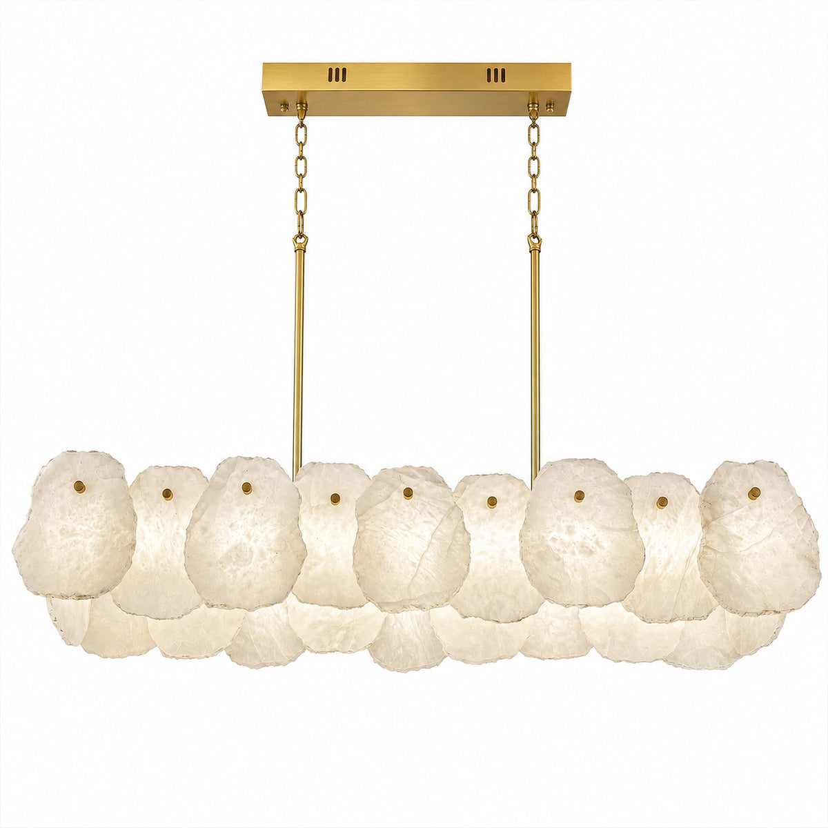 Spanish natural alabaster linear chandelier with brushed brass chain hanging on plain white background