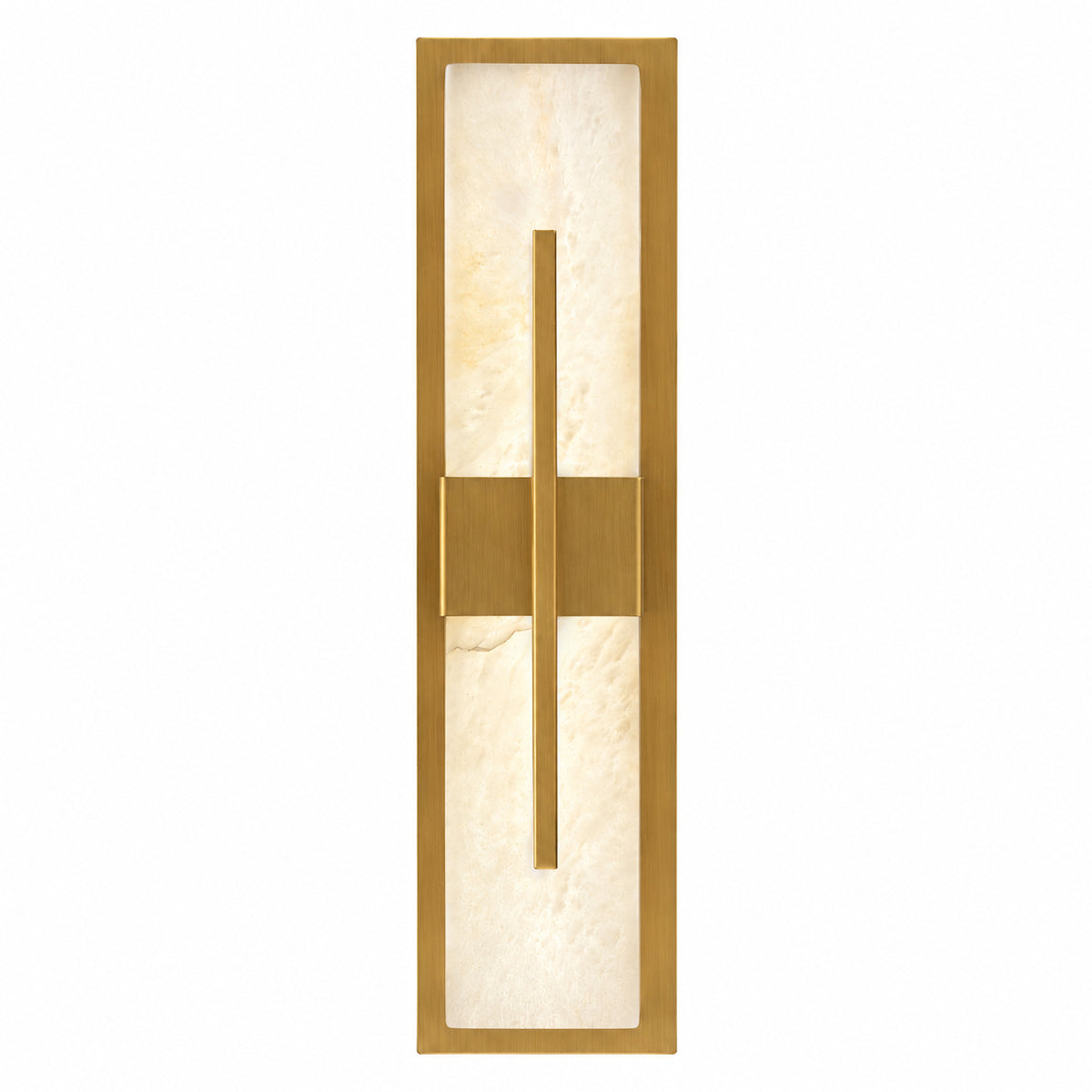 Rectangular Spanish natural alabaster wall sconce with brushed solid brass frame and center bar on white studio background