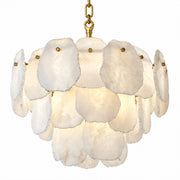 Layered round Spanish alabaster slice pendant chandelier with brass hardware displayed on a plain white studio background