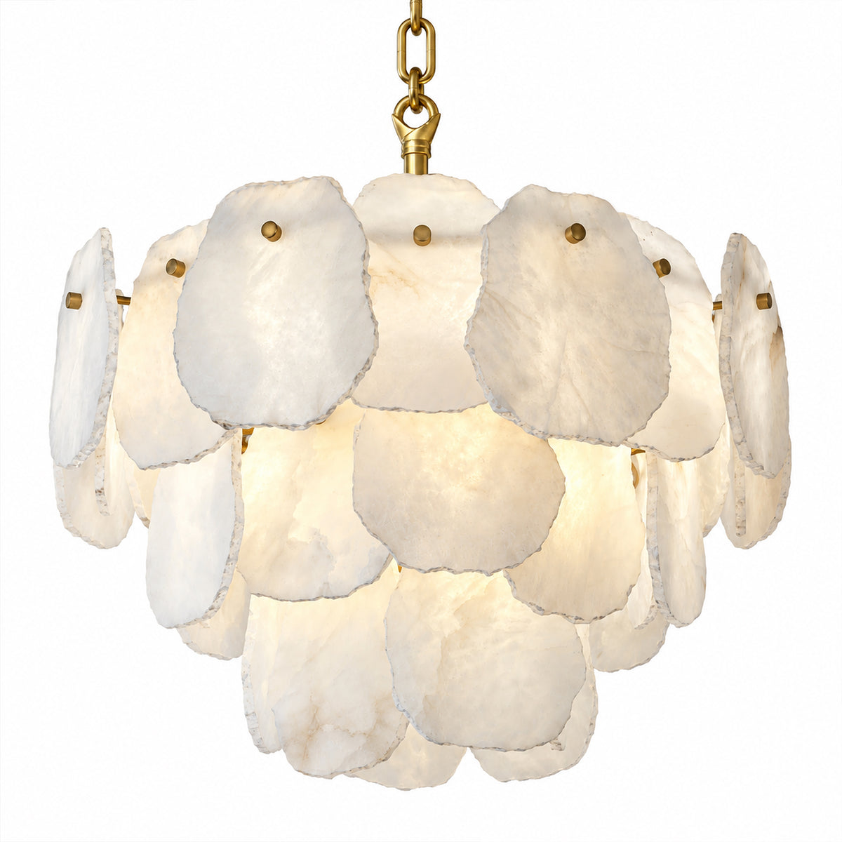 Layered round Spanish alabaster slice pendant chandelier with brass hardware displayed on a plain white studio background