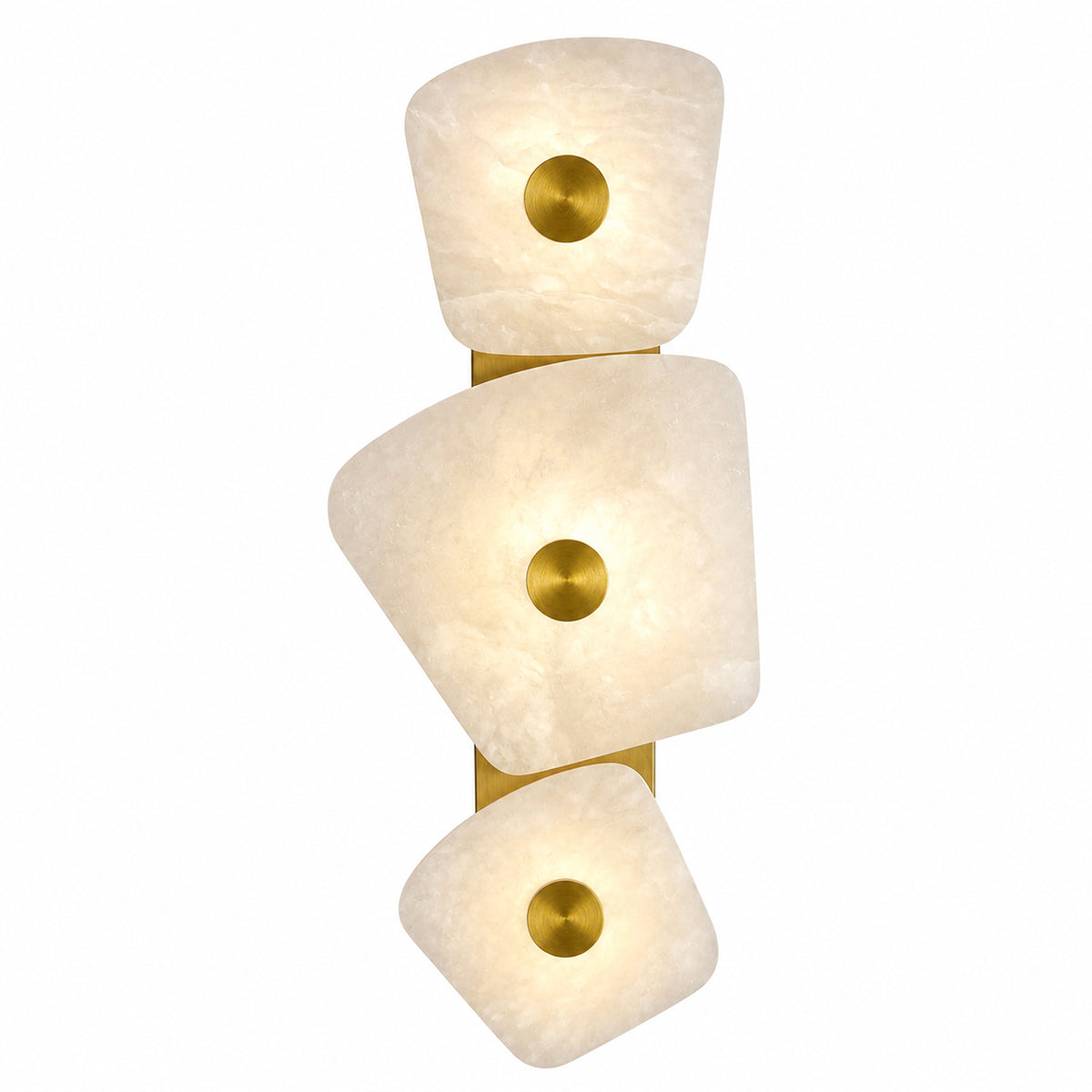 Organic shaped Spanish alabaster stone wall sconce with three tiered panels glowing on white background
