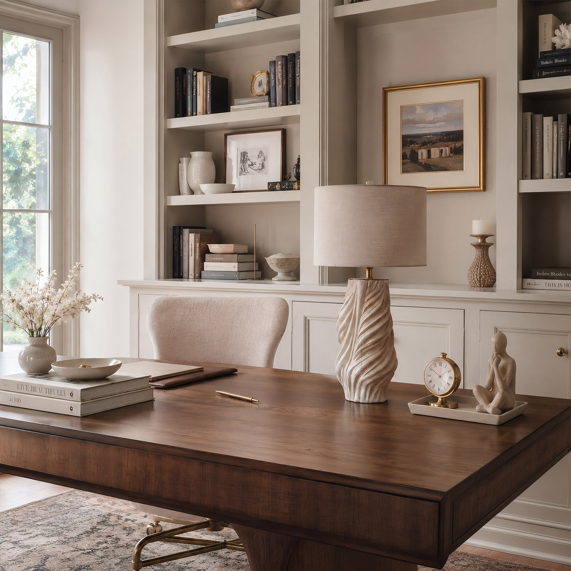 A stylish white grey twisted ceramic lamp on a large executive wooden desk in a bright traditional home office with built-in bookshelves