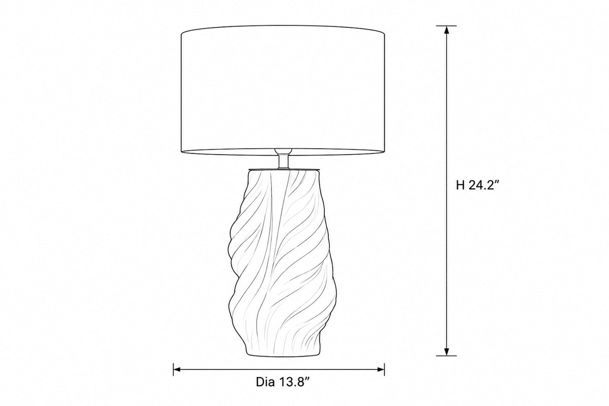 Dimension drawing diagram of twisted ceramic table lamp showing height and diameter measurements