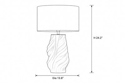 Dimension drawing diagram of twisted ceramic table lamp showing height and diameter measurements